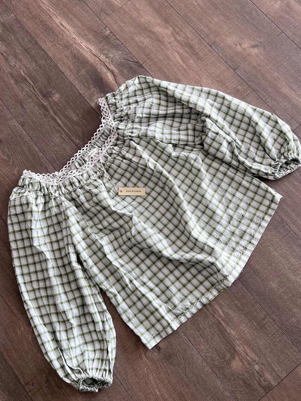 Max Studio Green & White Plaid Off-Shoulder Smocked Blouse size S NWT